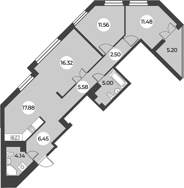 3-комнатная квартира 83.51 м², 16/24 эт., ЖК «Огни Залива»